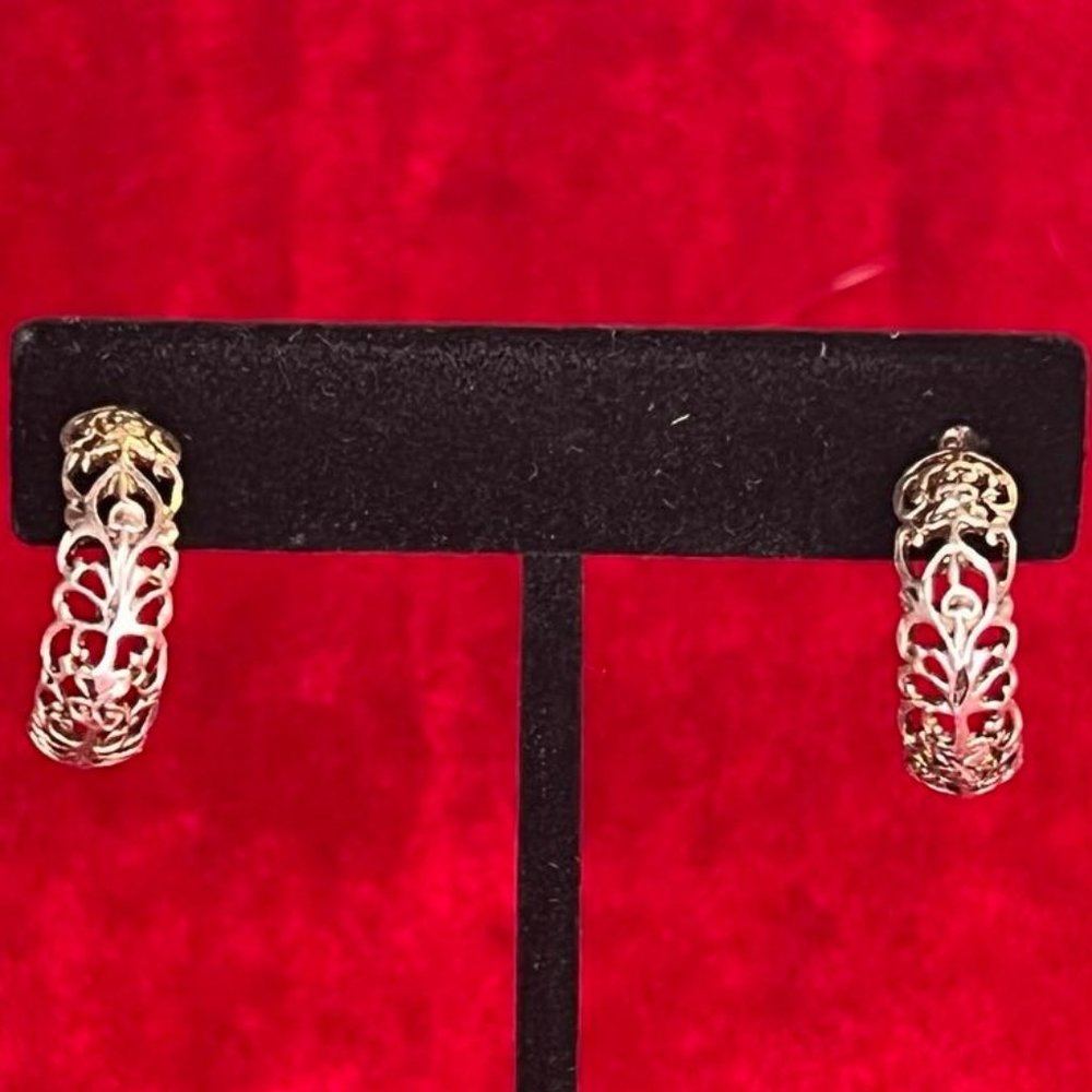 Beautiful Vintage Openwork Sterling Silver Filigree Half Hoop Earrings